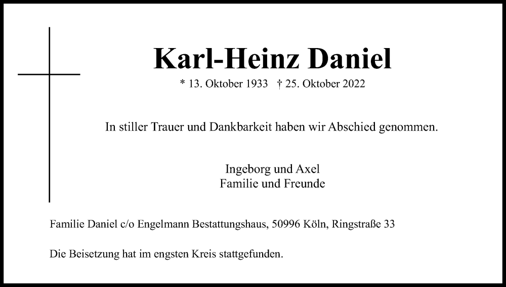  Traueranzeige für Karl-Heinz Daniel vom 19.11.2022 aus Kölner Stadt-Anzeiger / Kölnische Rundschau / Express