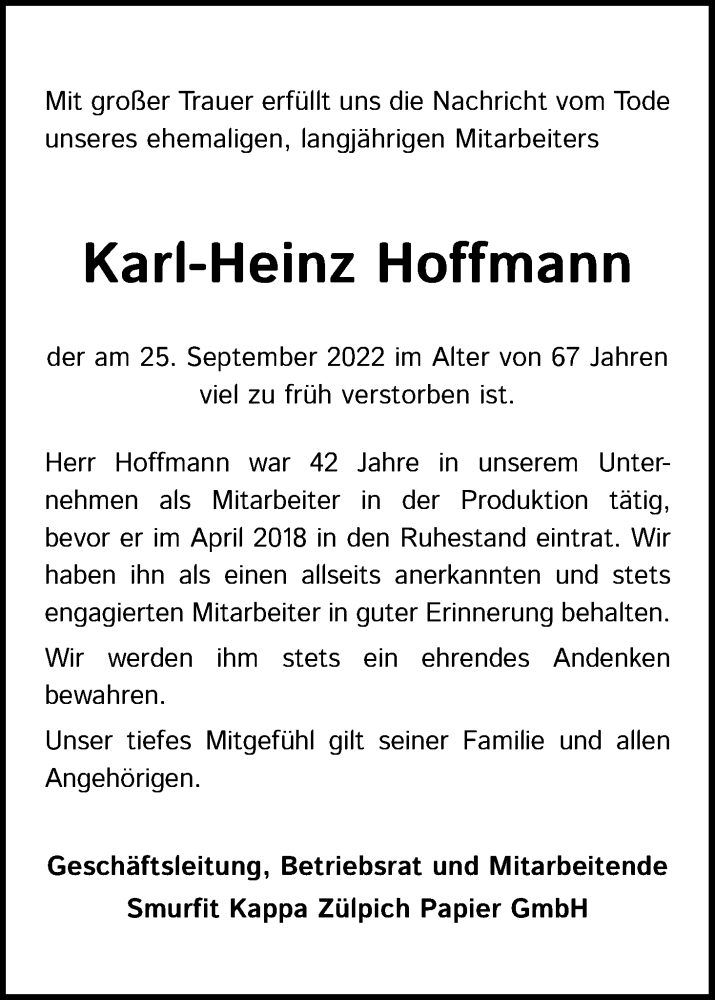  Traueranzeige für Karl-Heinz Hoffmann vom 05.11.2022 aus Kölner Stadt-Anzeiger / Kölnische Rundschau / Express