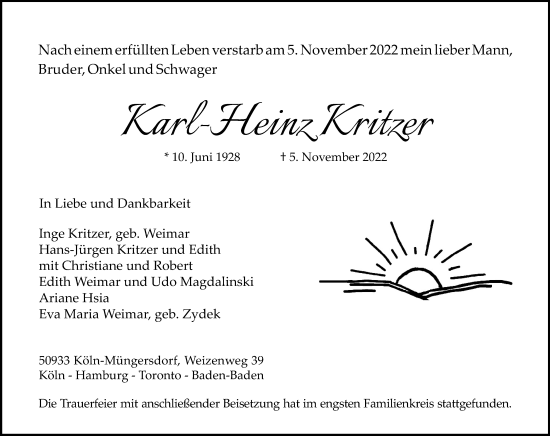 Anzeige von Karl-Heinz Kritzer von Kölner Stadt-Anzeiger / Kölnische Rundschau / Express