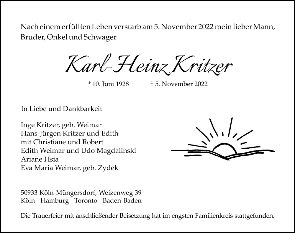  Traueranzeige für Karl-Heinz Kritzer vom 26.11.2022 aus Kölner Stadt-Anzeiger / Kölnische Rundschau / Express