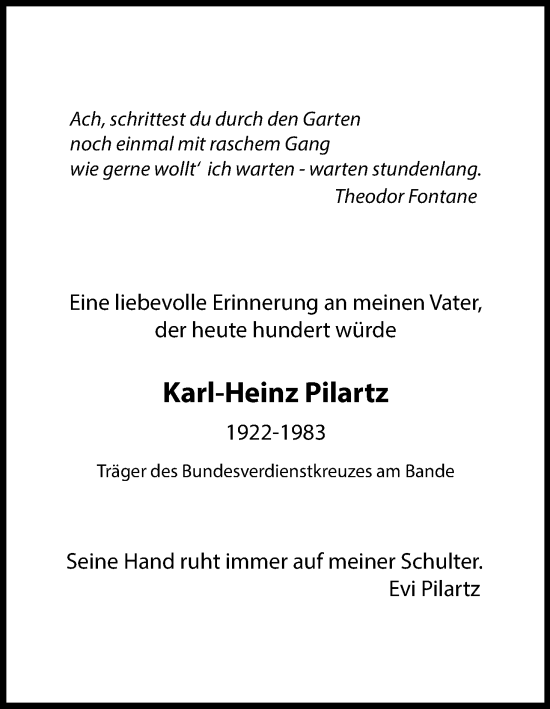 Anzeige von Karl-Heinz Pilartz von Kölner Stadt-Anzeiger / Kölnische Rundschau / Express