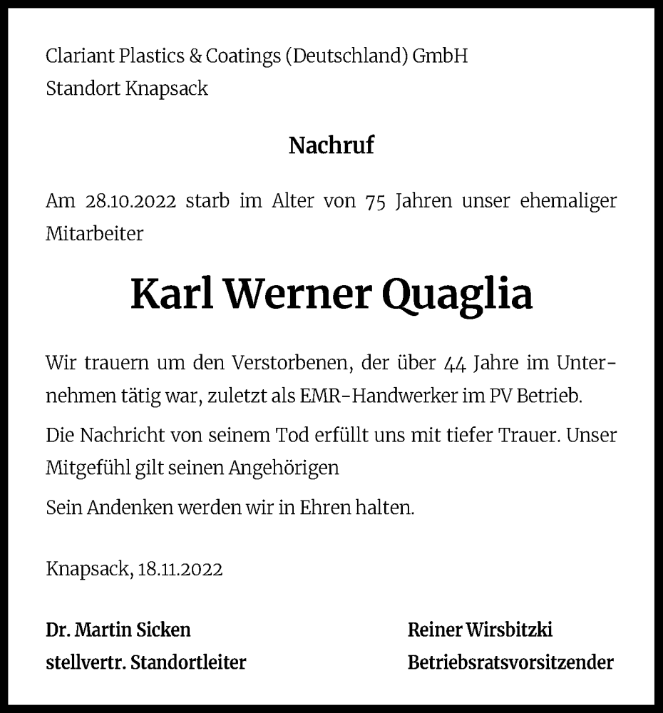  Traueranzeige für Karl Werner Quaglia vom 25.11.2022 aus Kölner Stadt-Anzeiger / Kölnische Rundschau / Express