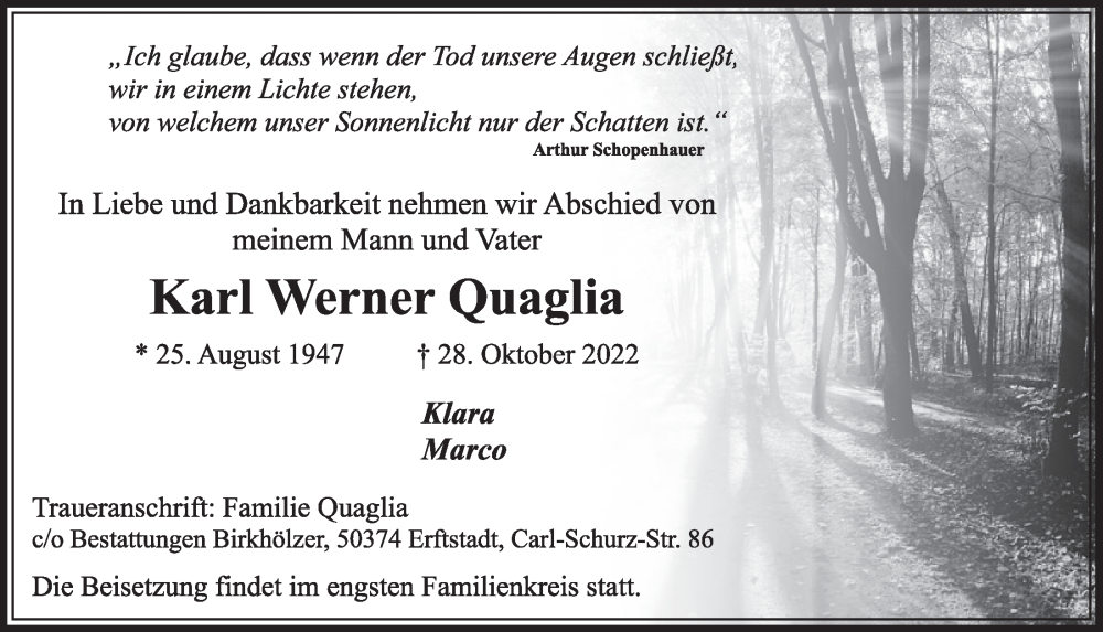  Traueranzeige für Karl Werner Quaglia vom 11.11.2022 aus  Werbepost 