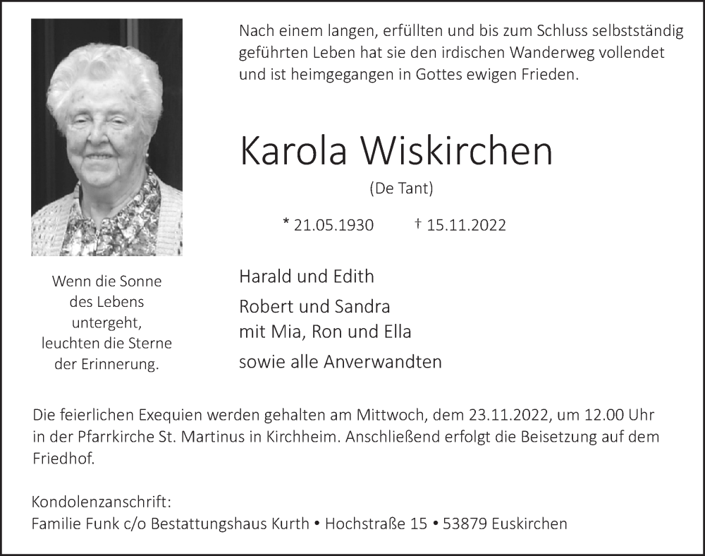  Traueranzeige für Karola Wiskirchen vom 19.11.2022 aus  Blickpunkt Euskirchen 