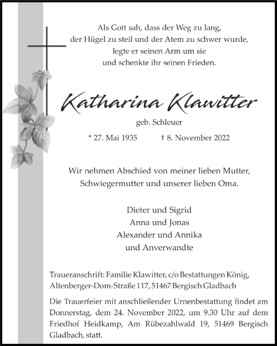 Anzeige von Katharina Klawitter von  Bergisches Handelsblatt 