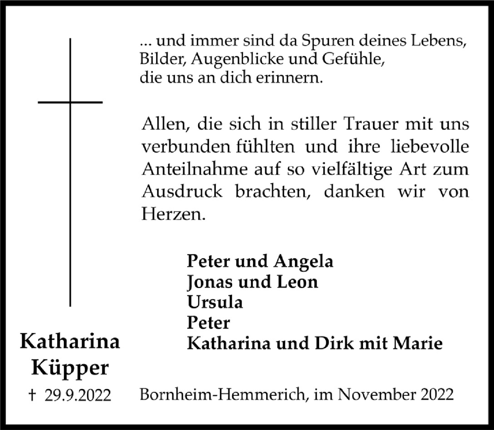 Traueranzeige für Katharina Küpper vom 11.11.2022 aus  Schaufenster/Blickpunkt 