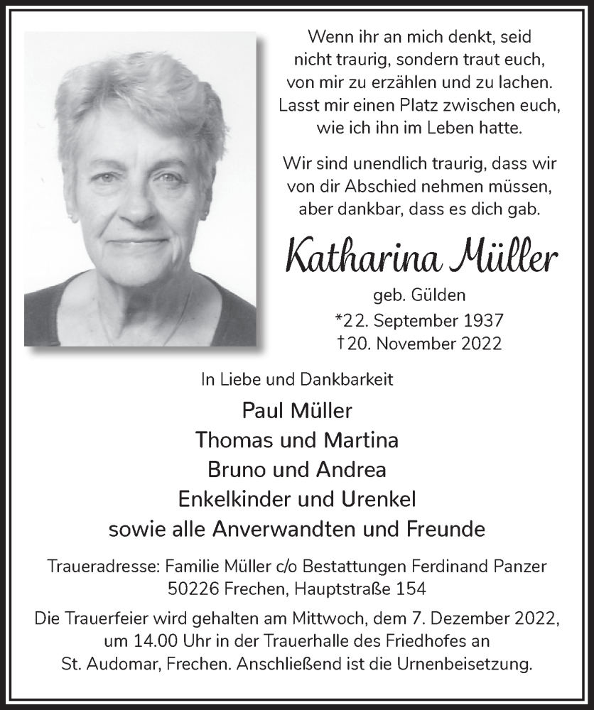  Traueranzeige für Katharina Müller vom 25.11.2022 aus  Wochenende 