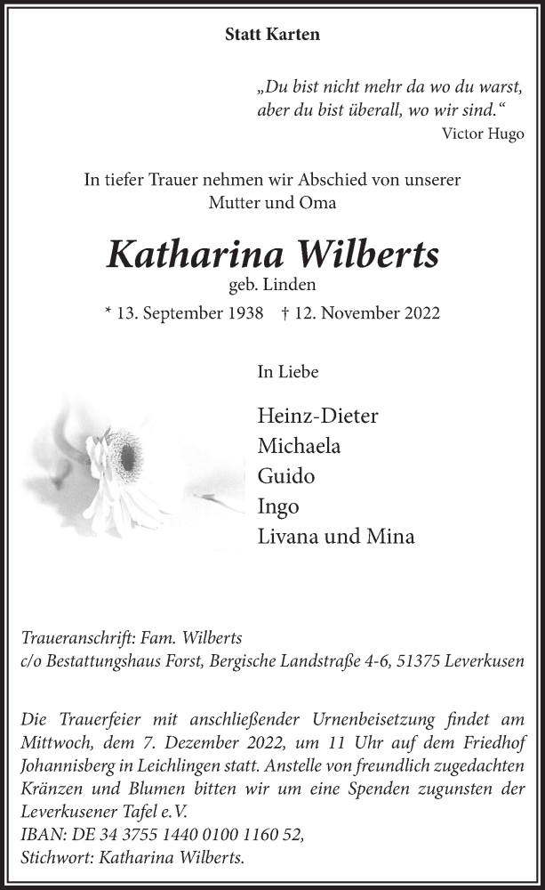  Traueranzeige für Katharina Wilberts vom 25.11.2022 aus  Lokale Informationen 