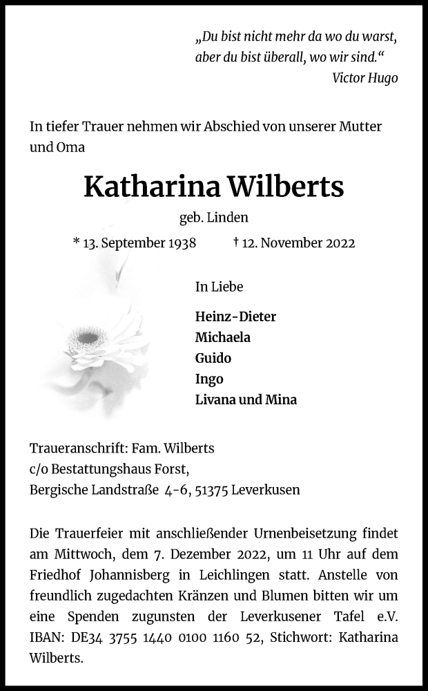  Traueranzeige für Katharina Wilberts vom 26.11.2022 aus Kölner Stadt-Anzeiger / Kölnische Rundschau / Express