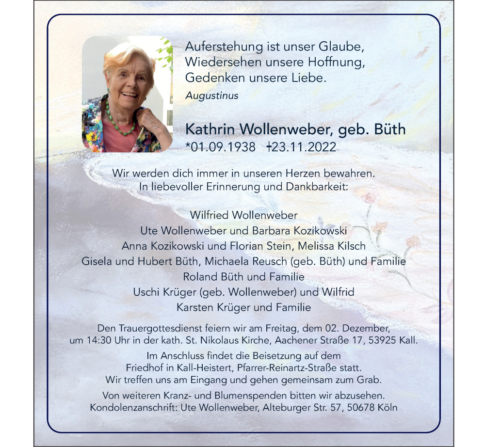  Traueranzeige für Kathrin Wollenweber vom 26.11.2022 aus Kölner Stadt-Anzeiger / Kölnische Rundschau / Express