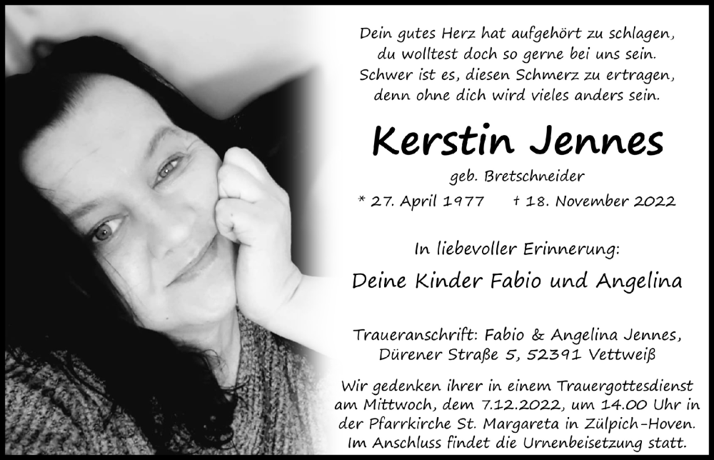  Traueranzeige für Kerstin Jennes vom 26.11.2022 aus  Blickpunkt Euskirchen 