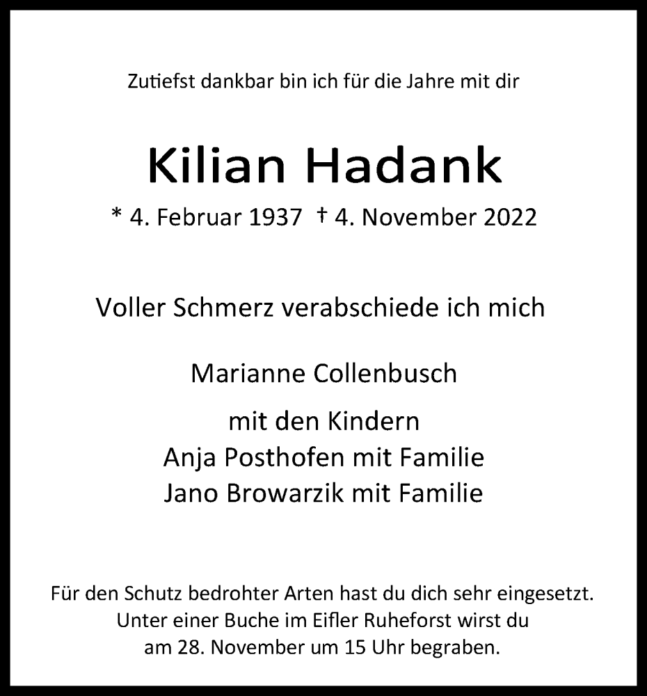  Traueranzeige für Kilian Hadank vom 12.11.2022 aus Kölner Stadt-Anzeiger / Kölnische Rundschau / Express