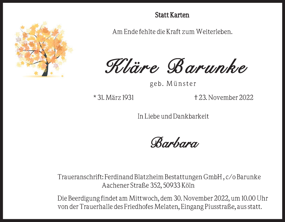  Traueranzeige für Kläre Barunke vom 26.11.2022 aus Kölner Stadt-Anzeiger / Kölnische Rundschau / Express