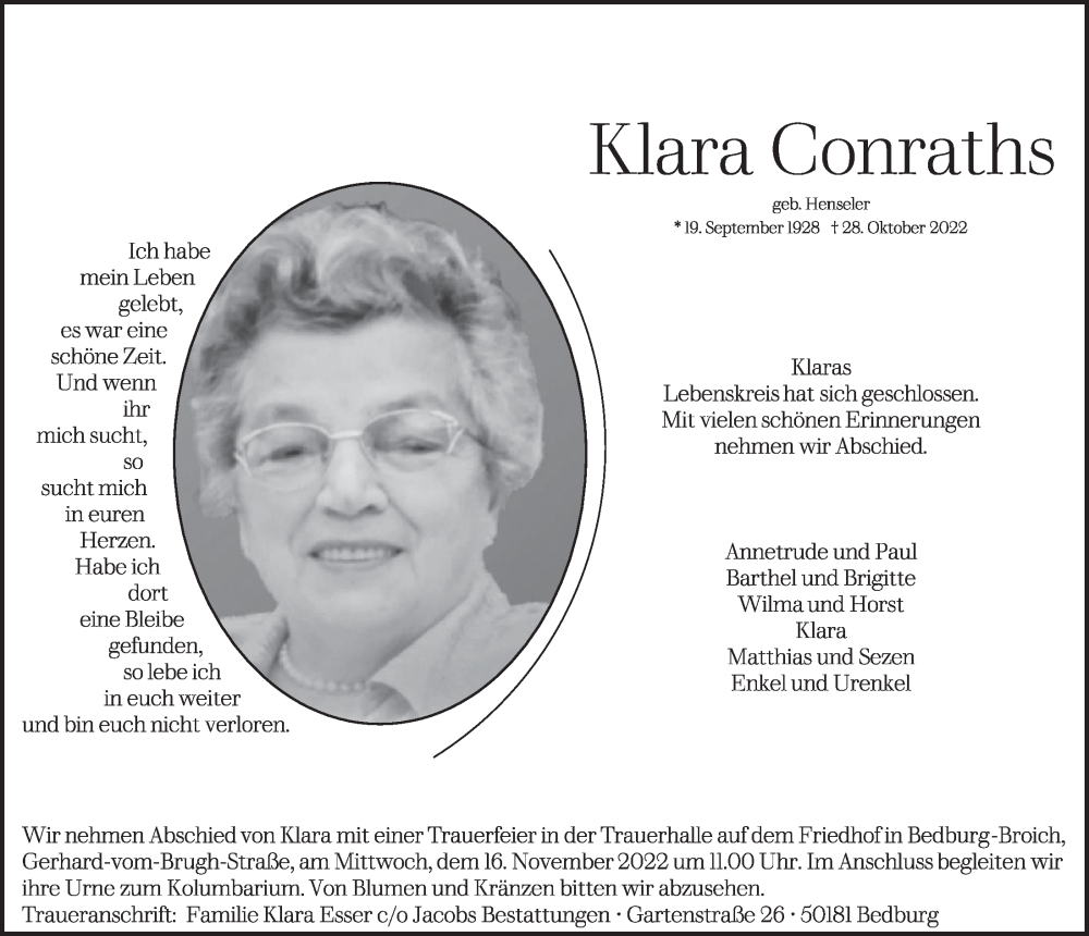  Traueranzeige für Klara Conraths vom 11.11.2022 aus  Werbepost 