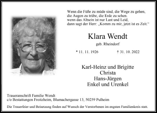 Anzeige von Klara Wendt von  Wochenende 