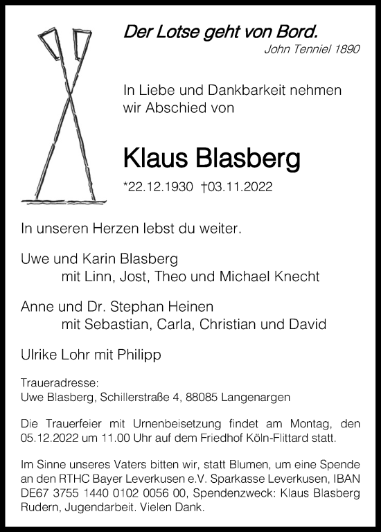 Anzeige von Klaus Blasberg von Kölner Stadt-Anzeiger / Kölnische Rundschau / Express