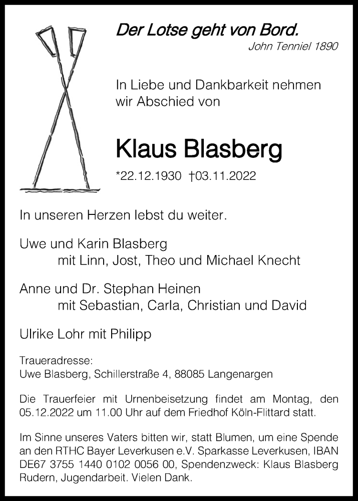  Traueranzeige für Klaus Blasberg vom 12.11.2022 aus Kölner Stadt-Anzeiger / Kölnische Rundschau / Express