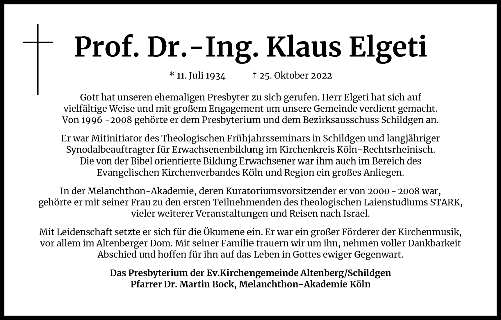  Traueranzeige für Klaus Elgeti vom 09.11.2022 aus Kölner Stadt-Anzeiger / Kölnische Rundschau / Express