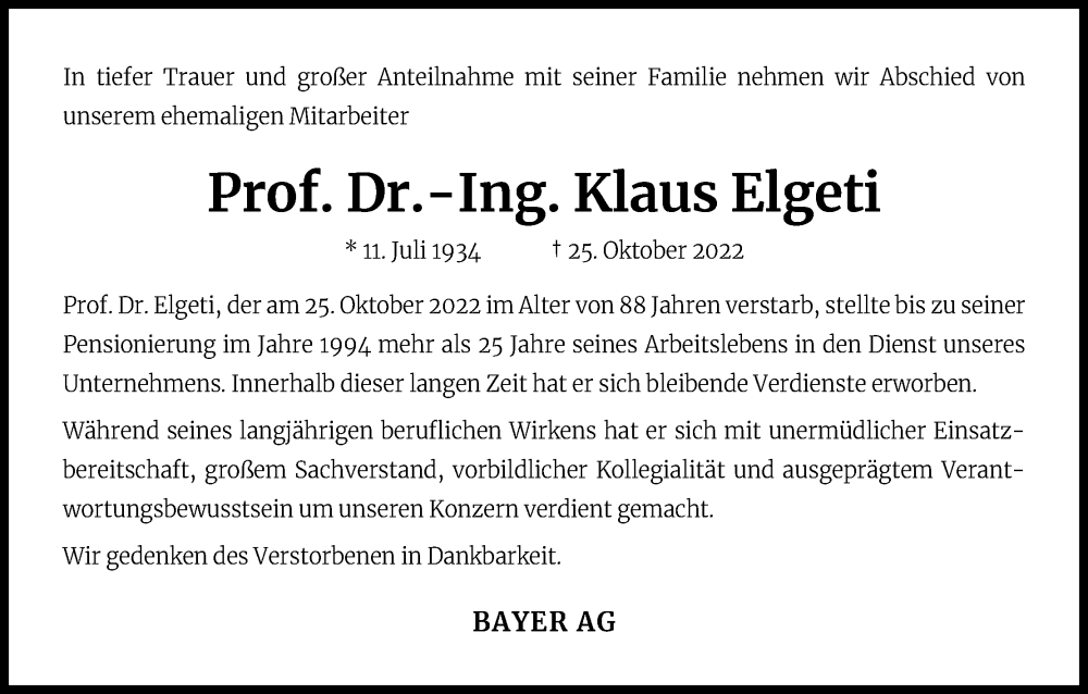  Traueranzeige für Klaus Elgeti vom 12.11.2022 aus Kölner Stadt-Anzeiger / Kölnische Rundschau / Express