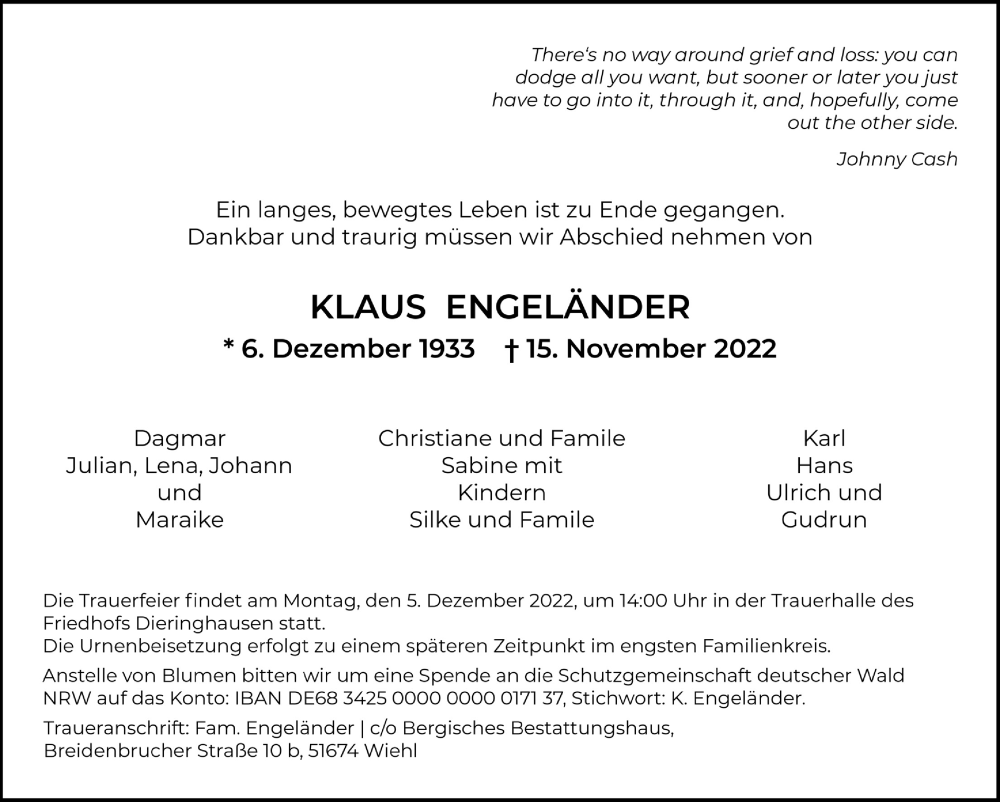  Traueranzeige für Klaus Engeländer vom 25.11.2022 aus  Anzeigen Echo 