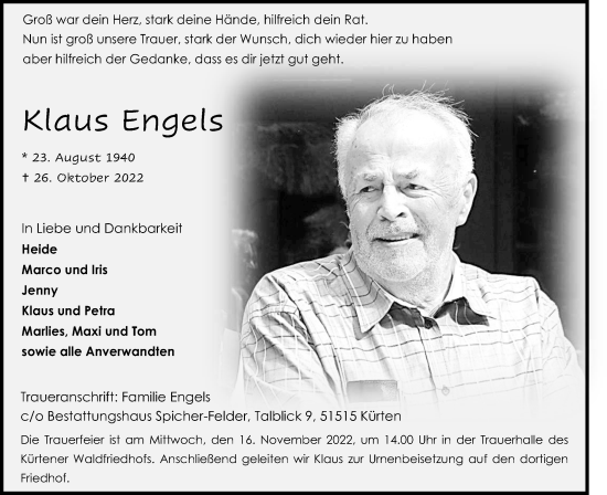 Anzeige von Klaus Engels von Kölner Stadt-Anzeiger / Kölnische Rundschau / Express