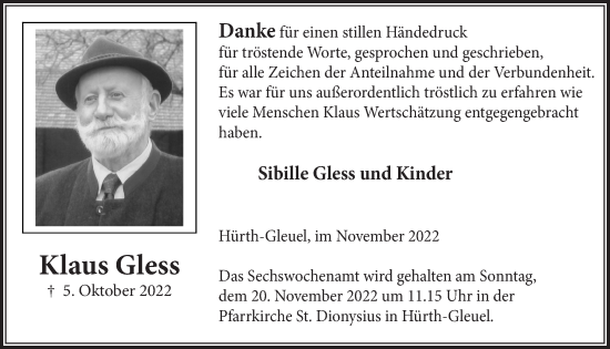 Anzeige von Klaus Gless von  Wochenende 