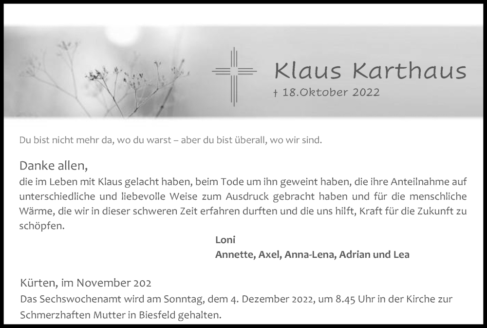  Traueranzeige für Klaus Karthaus vom 26.11.2022 aus Kölner Stadt-Anzeiger / Kölnische Rundschau / Express