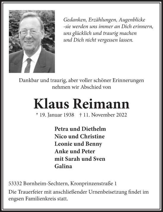 Anzeige von Klaus Reimann von  Schaufenster/Blickpunkt 