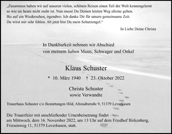 Anzeige von Klaus Schuster von Kölner Stadt-Anzeiger / Kölnische Rundschau / Express