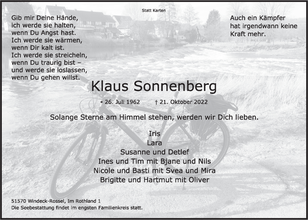  Traueranzeige für Klaus Sonnenberg vom 04.11.2022 aus  Lokalanzeiger 