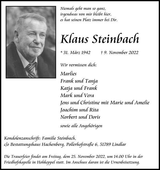 Anzeige von Klaus Steinbach von Kölner Stadt-Anzeiger / Kölnische Rundschau / Express