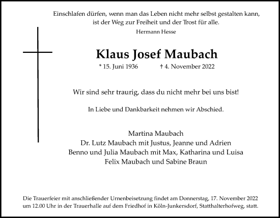 Anzeige von Klaus Josef Maubach von Kölner Stadt-Anzeiger / Kölnische Rundschau / Express