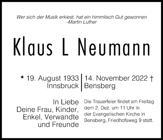 Anzeige von Klaus L Neumann von Kölner Stadt-Anzeiger / Kölnische Rundschau / Express
