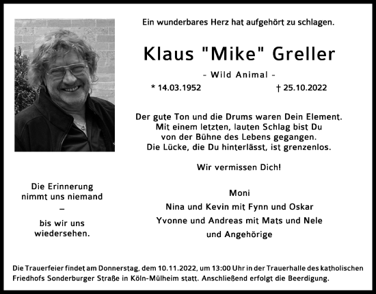 Anzeige von Klaus Mike Greller von Kölner Stadt-Anzeiger / Kölnische Rundschau / Express