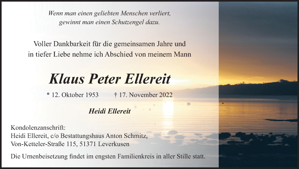  Traueranzeige für Klaus Peter Ellereit vom 26.11.2022 aus Kölner Stadt-Anzeiger / Kölnische Rundschau / Express