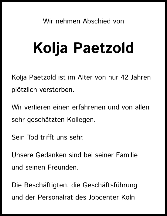 Anzeige von Kolja Paetzold von Kölner Stadt-Anzeiger / Kölnische Rundschau / Express