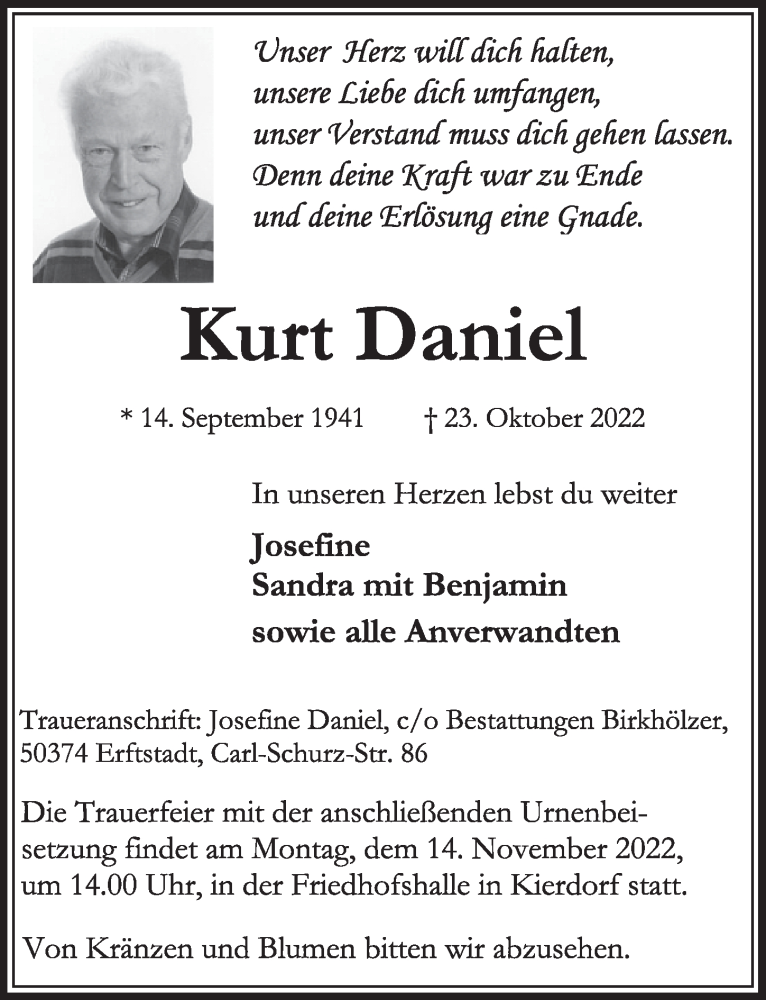  Traueranzeige für Kurt Daniel vom 11.11.2022 aus  Werbepost 
