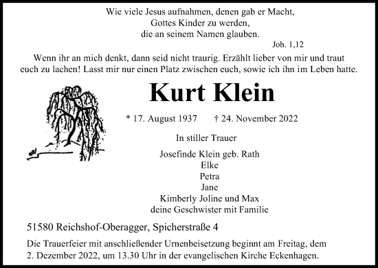 Anzeige von Kurt Klein von Kölner Stadt-Anzeiger / Kölnische Rundschau / Express