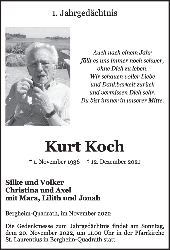  Traueranzeige für Kurt Koch vom 18.11.2022 aus  Werbepost 