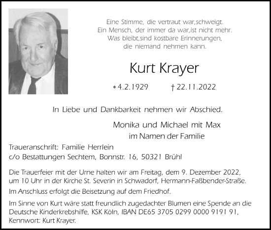 Anzeige von Kurt Krayer von Kölner Stadt-Anzeiger / Kölnische Rundschau / Express