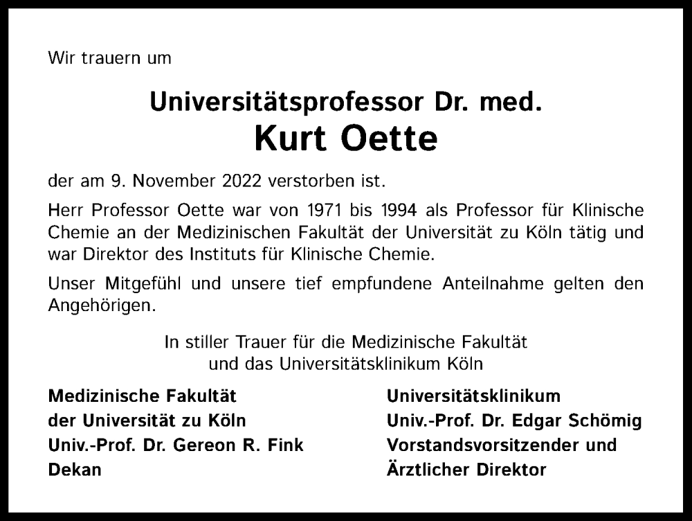  Traueranzeige für Kurt Oette vom 26.11.2022 aus Kölner Stadt-Anzeiger / Kölnische Rundschau / Express