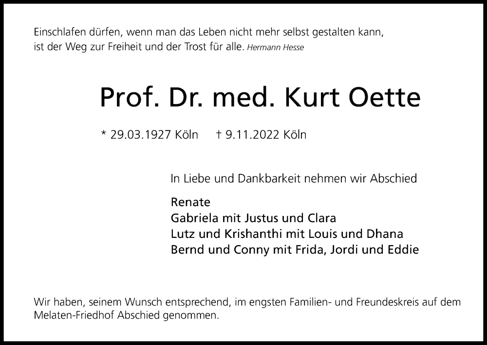  Traueranzeige für Kurt Oette vom 26.11.2022 aus Kölner Stadt-Anzeiger / Kölnische Rundschau / Express