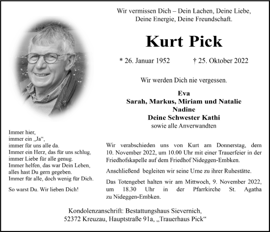 Anzeige von Kurt Pick von  Blickpunkt Euskirchen 