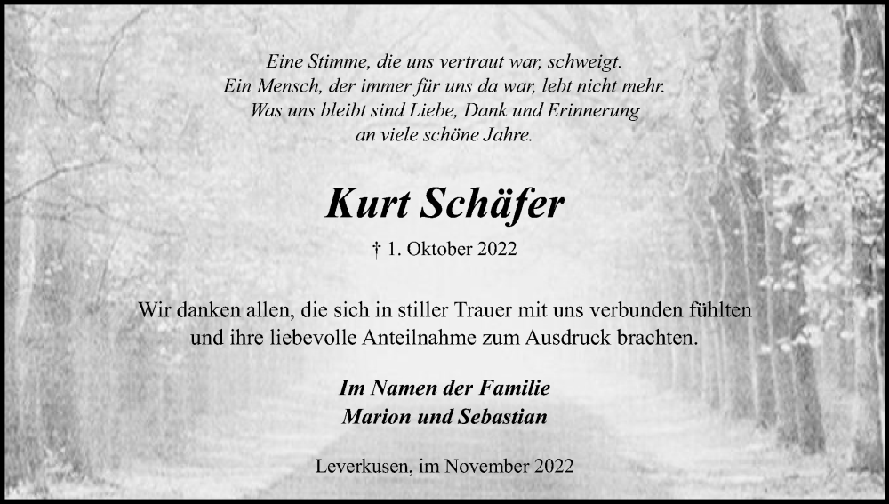  Traueranzeige für Kurt Schäfer vom 19.11.2022 aus Kölner Stadt-Anzeiger / Kölnische Rundschau / Express