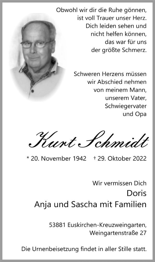  Traueranzeige für Kurt Schmidt vom 12.11.2022 aus  Blickpunkt Euskirchen 