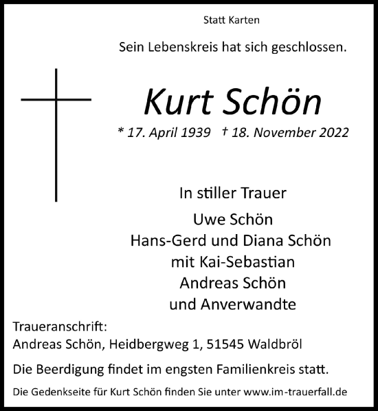 Anzeige von Kurt Schön von  Lokalanzeiger 