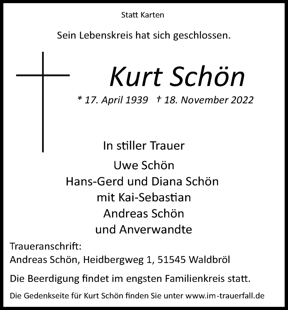  Traueranzeige für Kurt Schön vom 26.11.2022 aus Kölner Stadt-Anzeiger / Kölnische Rundschau / Express