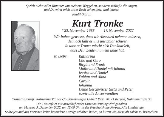 Anzeige von Kurt Tronke von  Werbepost 