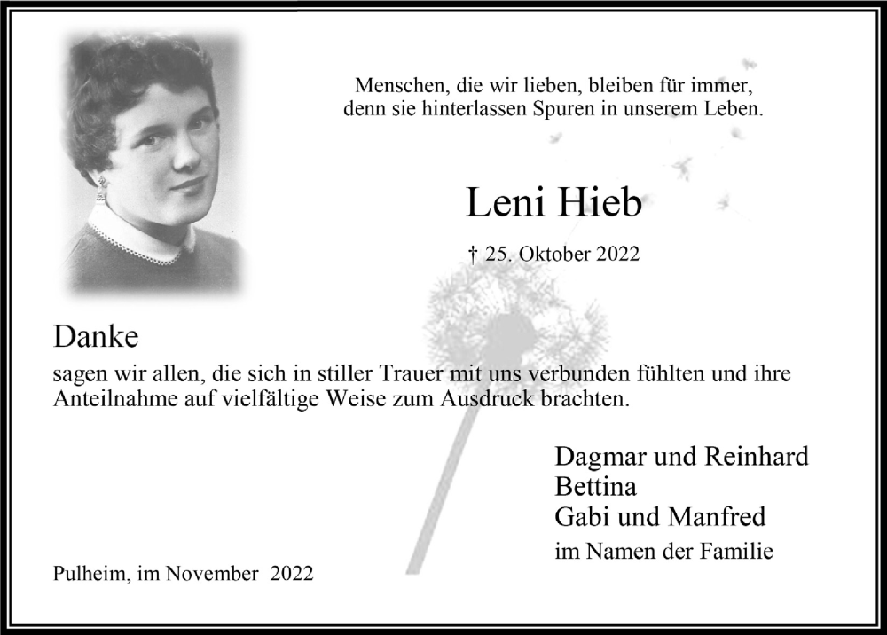  Traueranzeige für Leni Hieb vom 25.11.2022 aus  Wochenende 