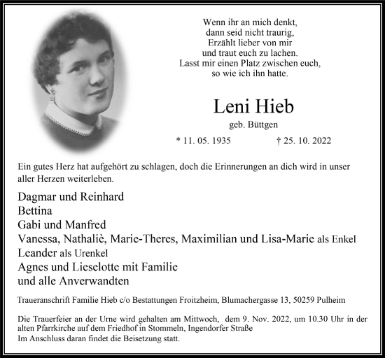 Anzeige von Leni Hieb von  Wochenende 
